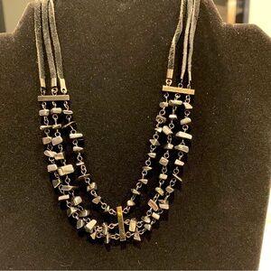 Triple strand leather and chain beaded choker necklace with extender